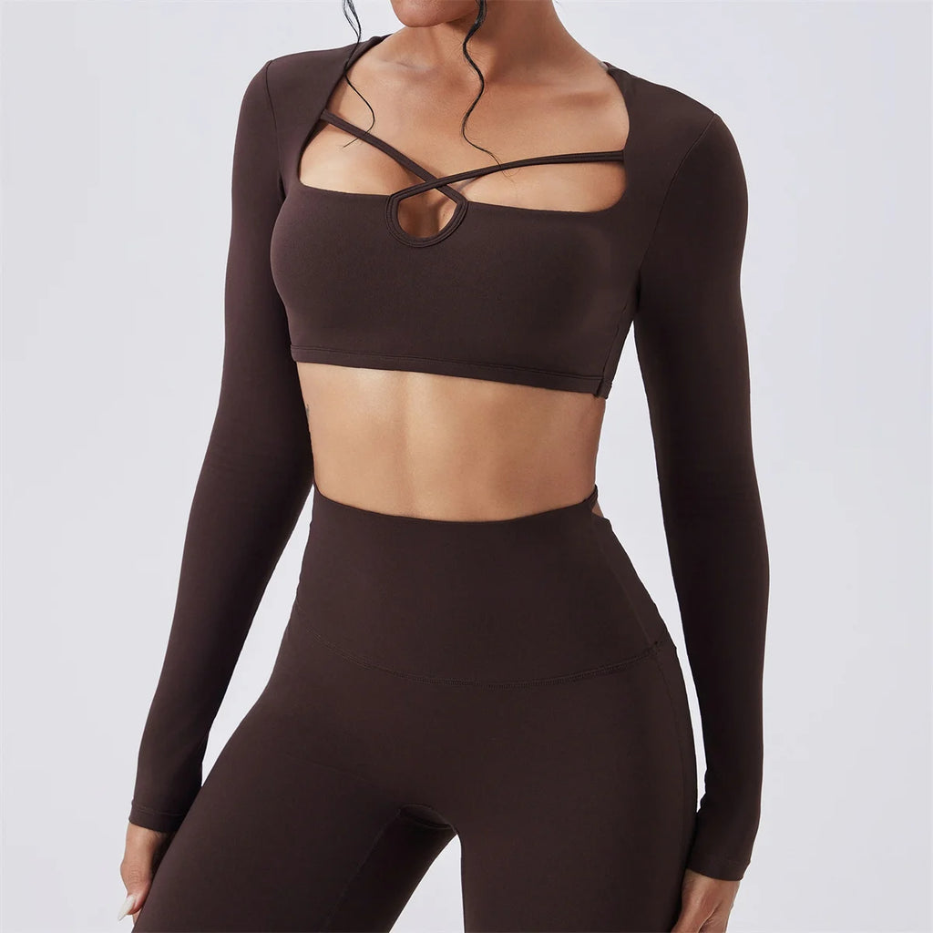Hauncha Brown Long Sleeve Crop Top mit Cut-out und Schlaghose im Set