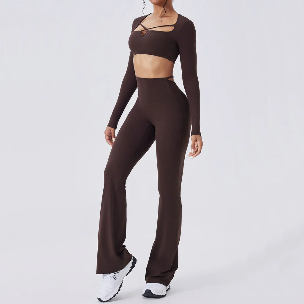 Hourglass Harmony Set in Hauncha Brown: long sleeve crop top with chest strap cutout, flared pants