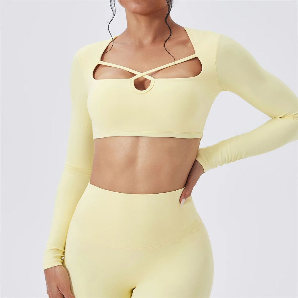 Hourglass Harmony Set in Goose Yellow: long sleeve crop top with V cutout and flared pants