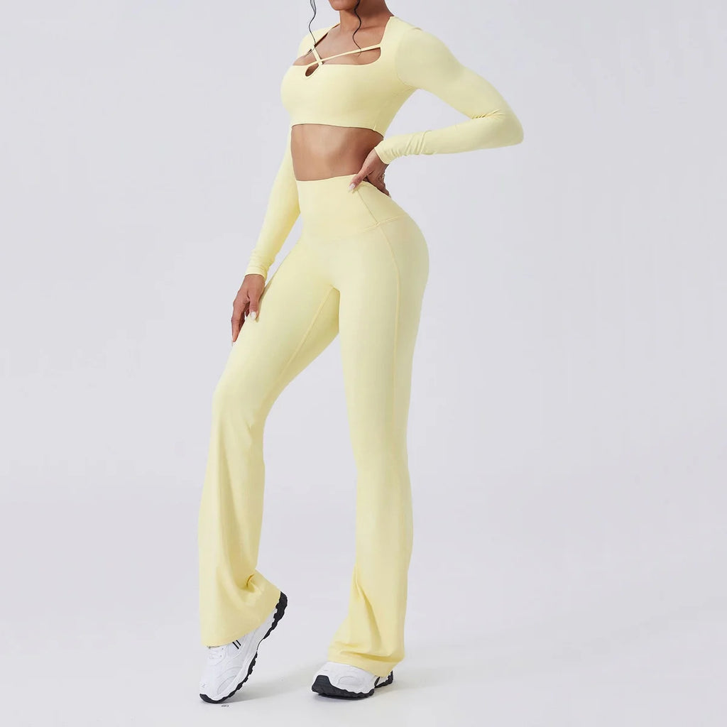 Hourglass Harmony Set in Goose Yellow: long sleeve fitted crop top, high-rise flared pants