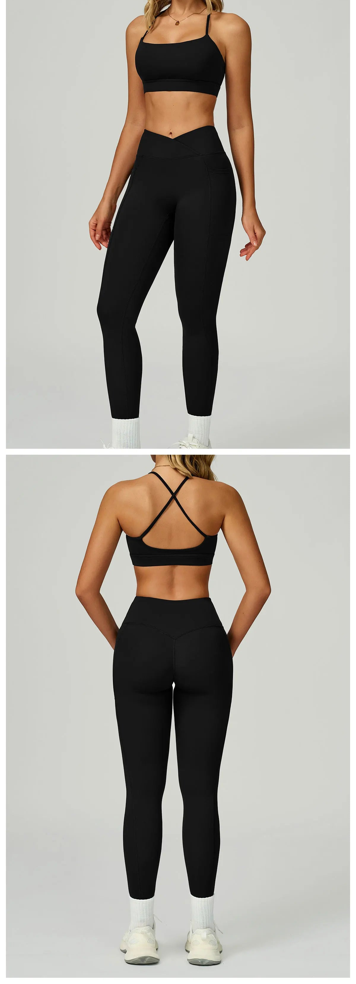 Black sports bra and pocket leggings set, front and back views