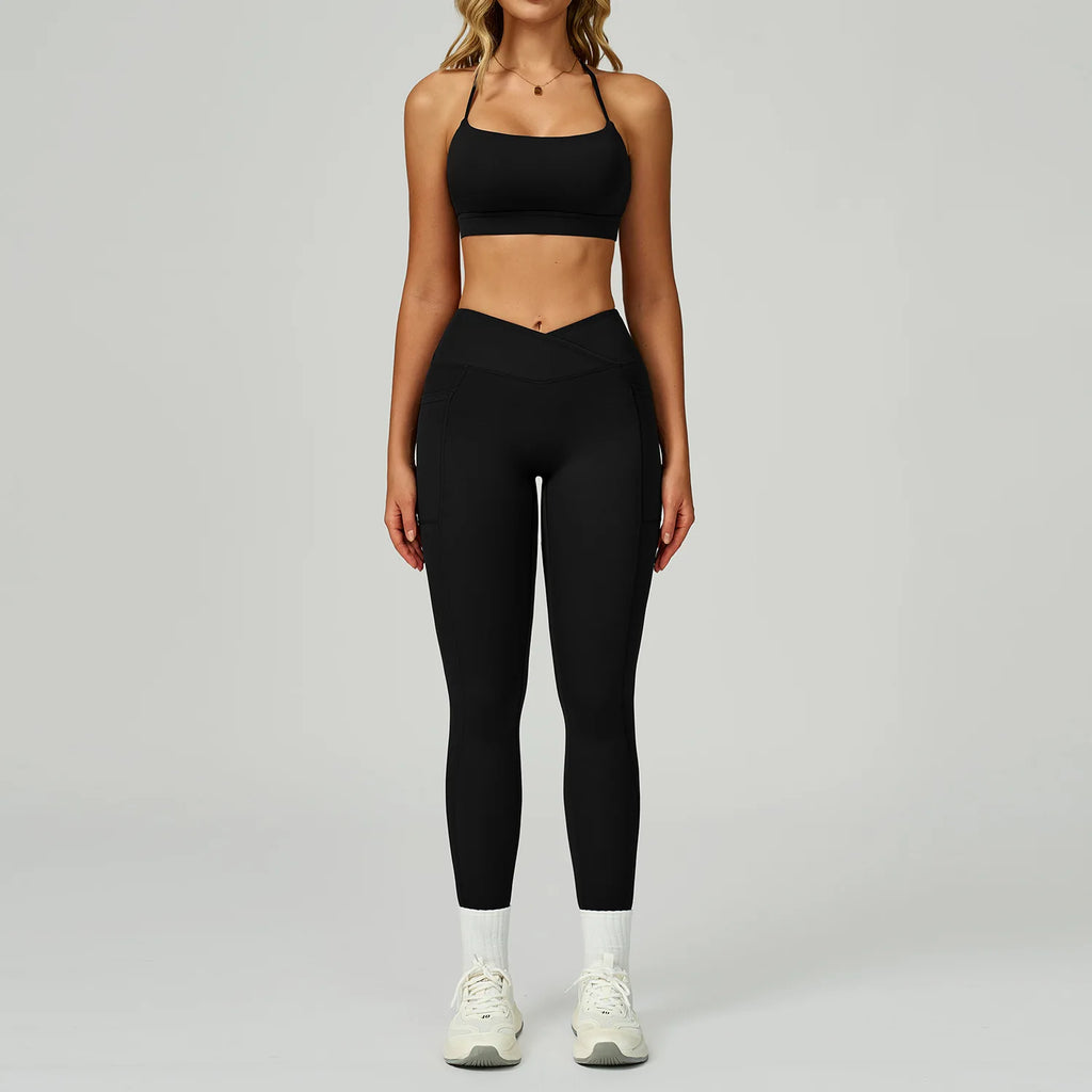 Sports bra and pocket leggings set, black, high-rise leggings