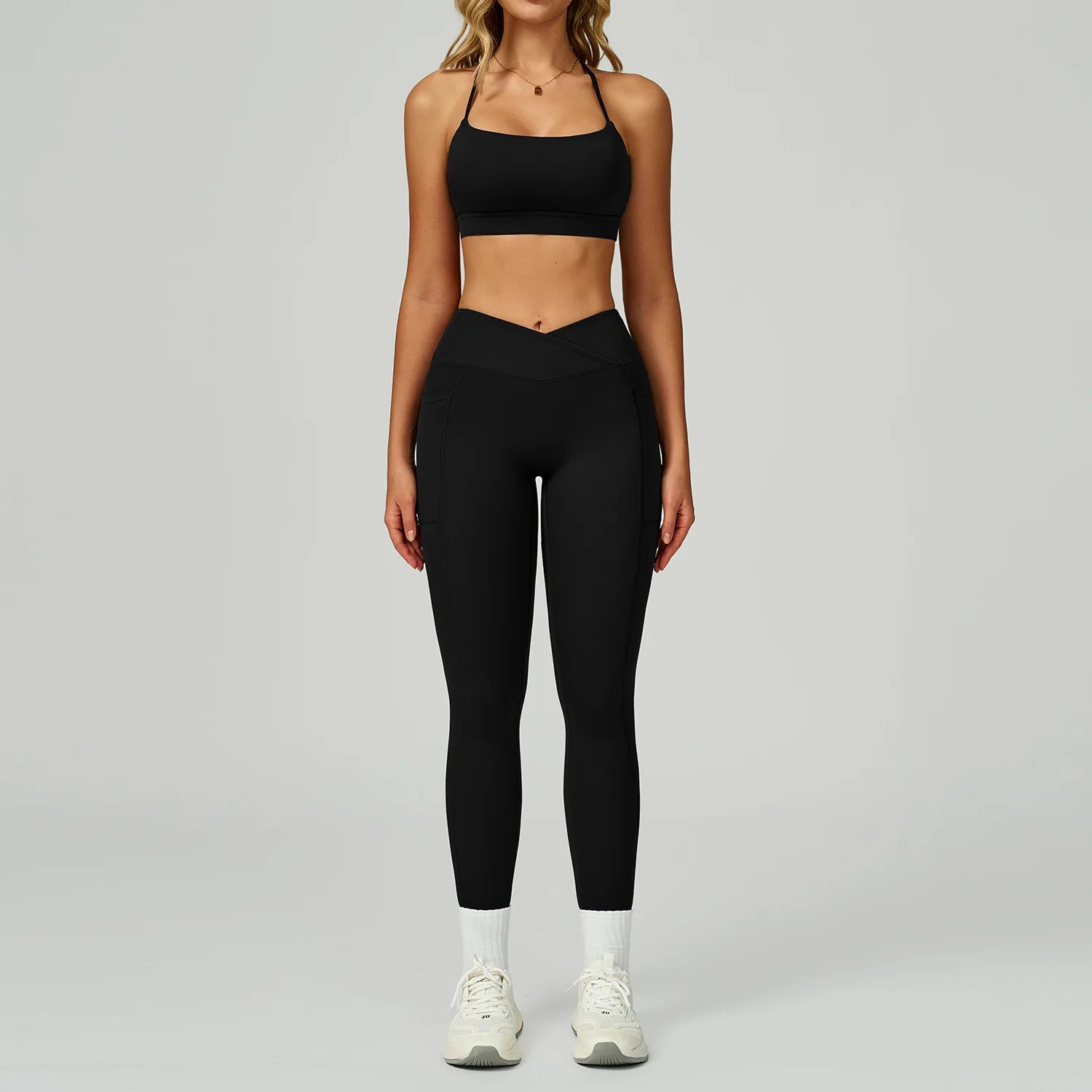 Sports bra and pocket leggings set, black, high-rise leggings