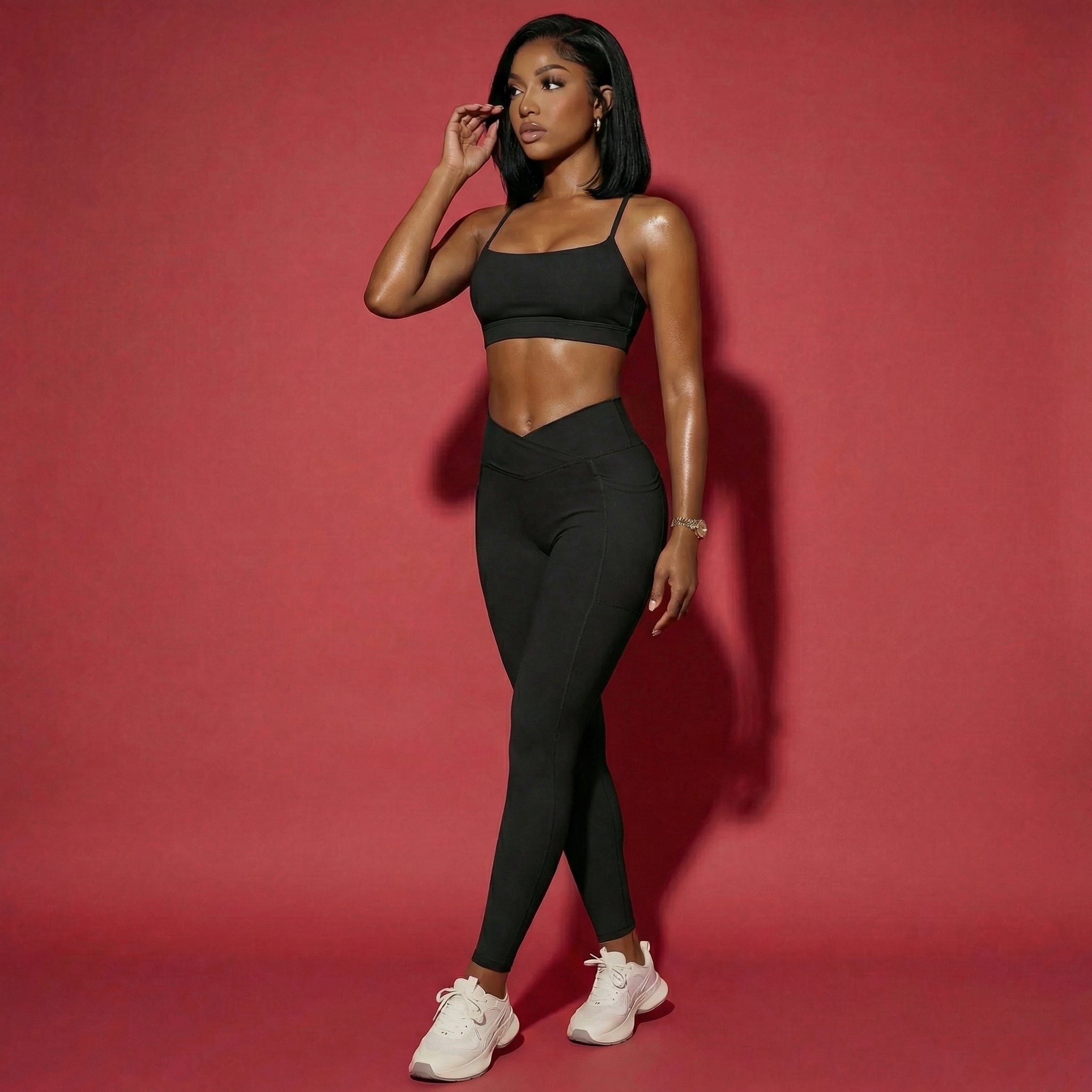 Xooie Fit women's matching activewear set in black with a cropped top and leggings for workouts