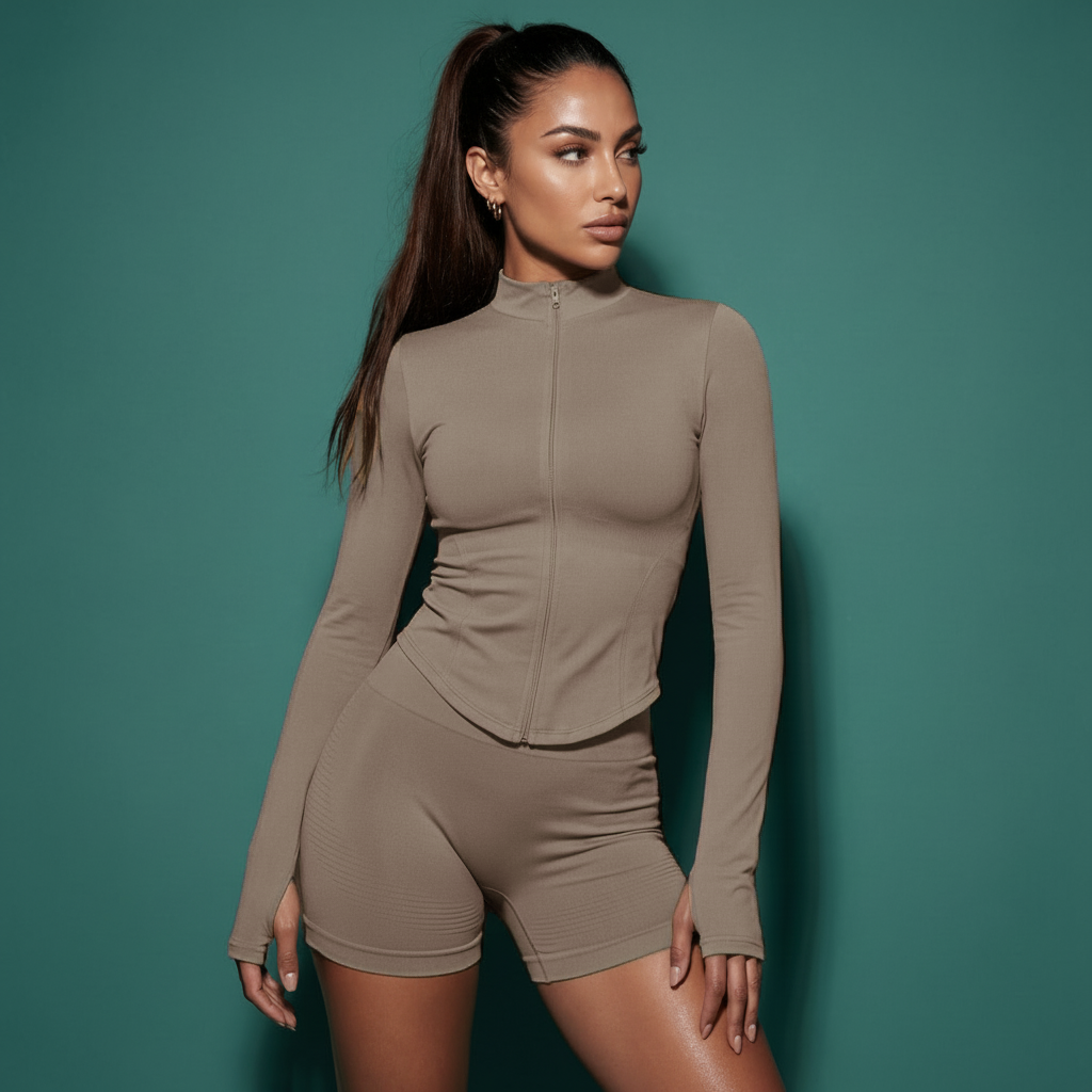 Tan zip-up active jacket and matching shorts set, fitted midsection
