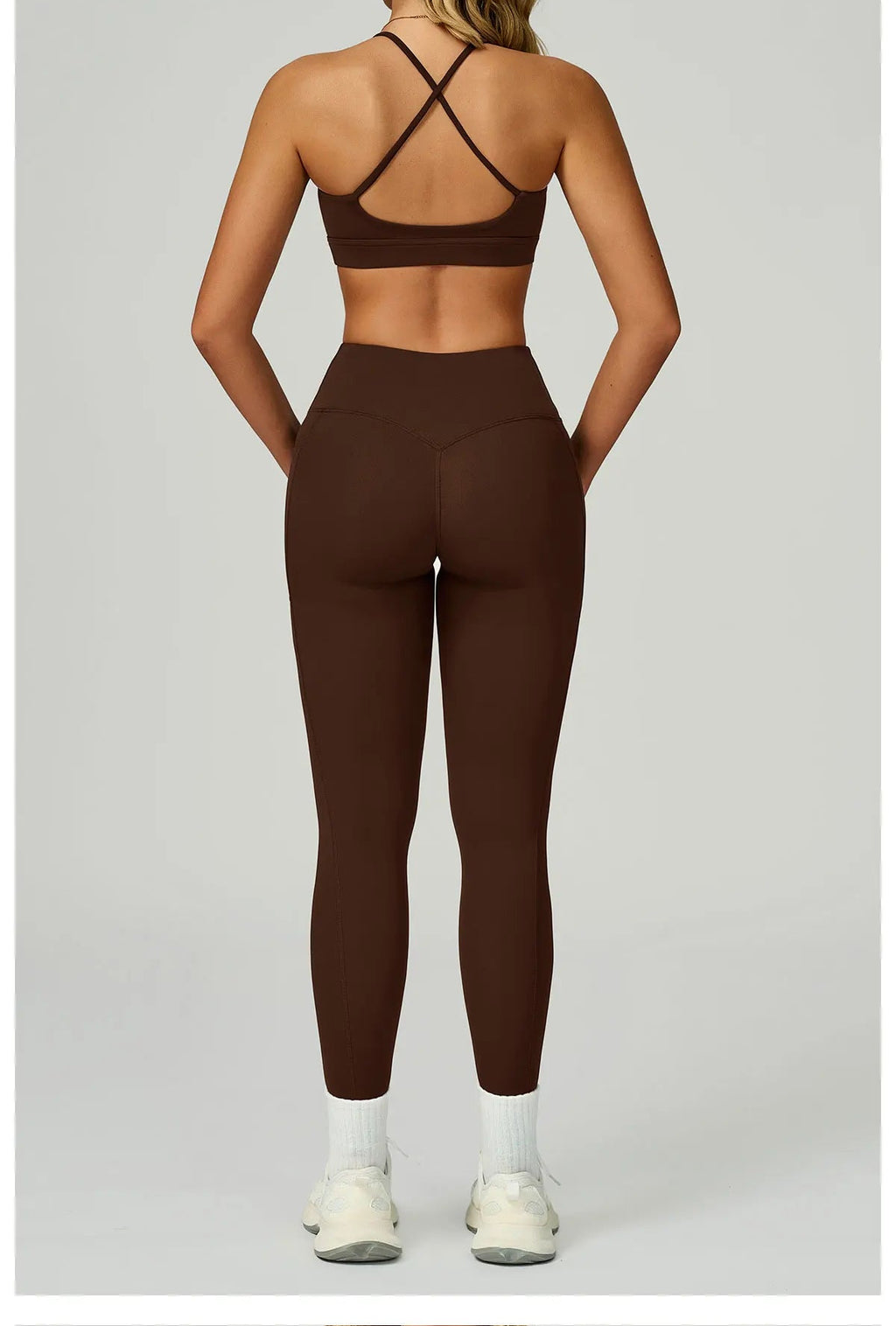 Hauncha brown X-back sports bra with matching pocket leggings, back view