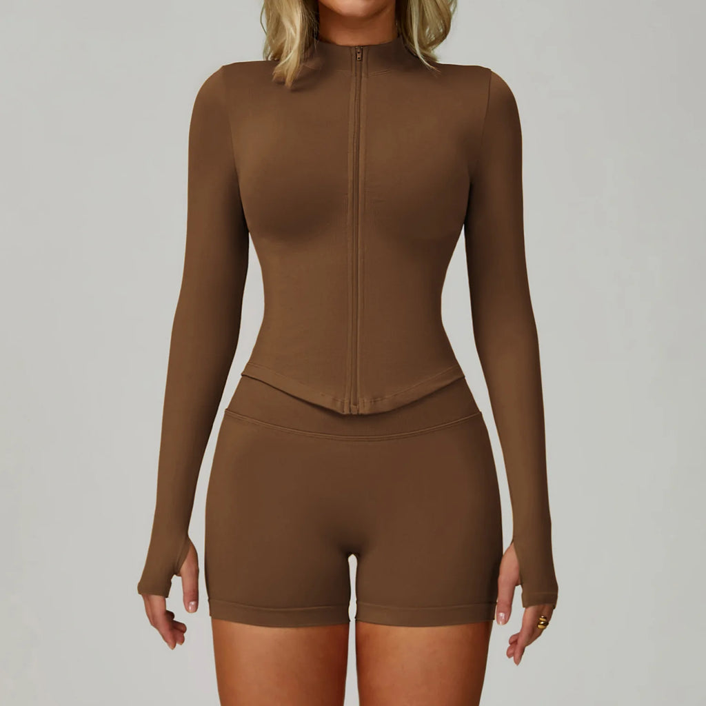 Xooie Fit women's matching activewear set in brown with long sleeves and high waist shorts