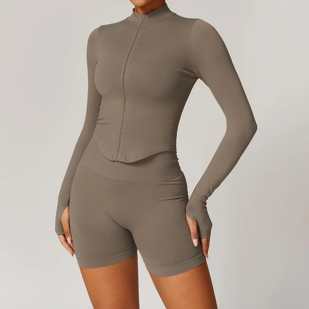 Tan zip-up jacket and matching shorts set