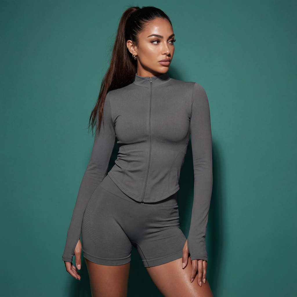 Dark grey zip-up active jacket and matching shorts set, thumb-hole cuffs