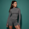 Dark grey zip-up active jacket and matching shorts set, thumb-hole cuffs