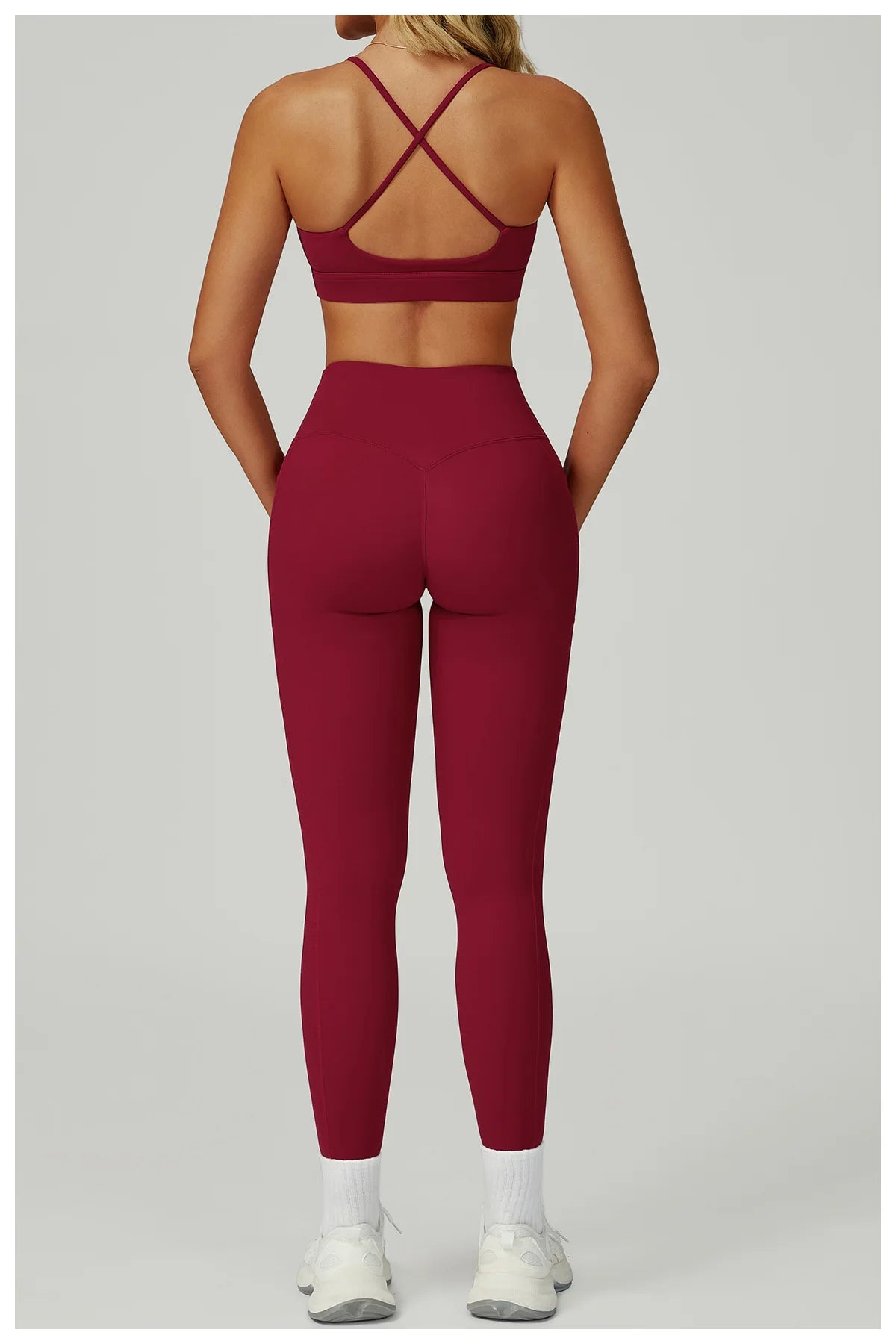 Wine red sports bra and pocket leggings set, X-back crisscross straps