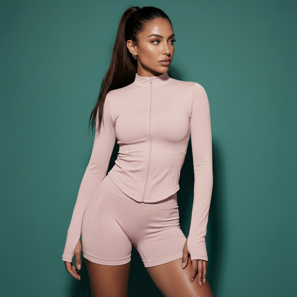 Pink zip-up active jacket and matching shorts set with thumb-hole cuffs