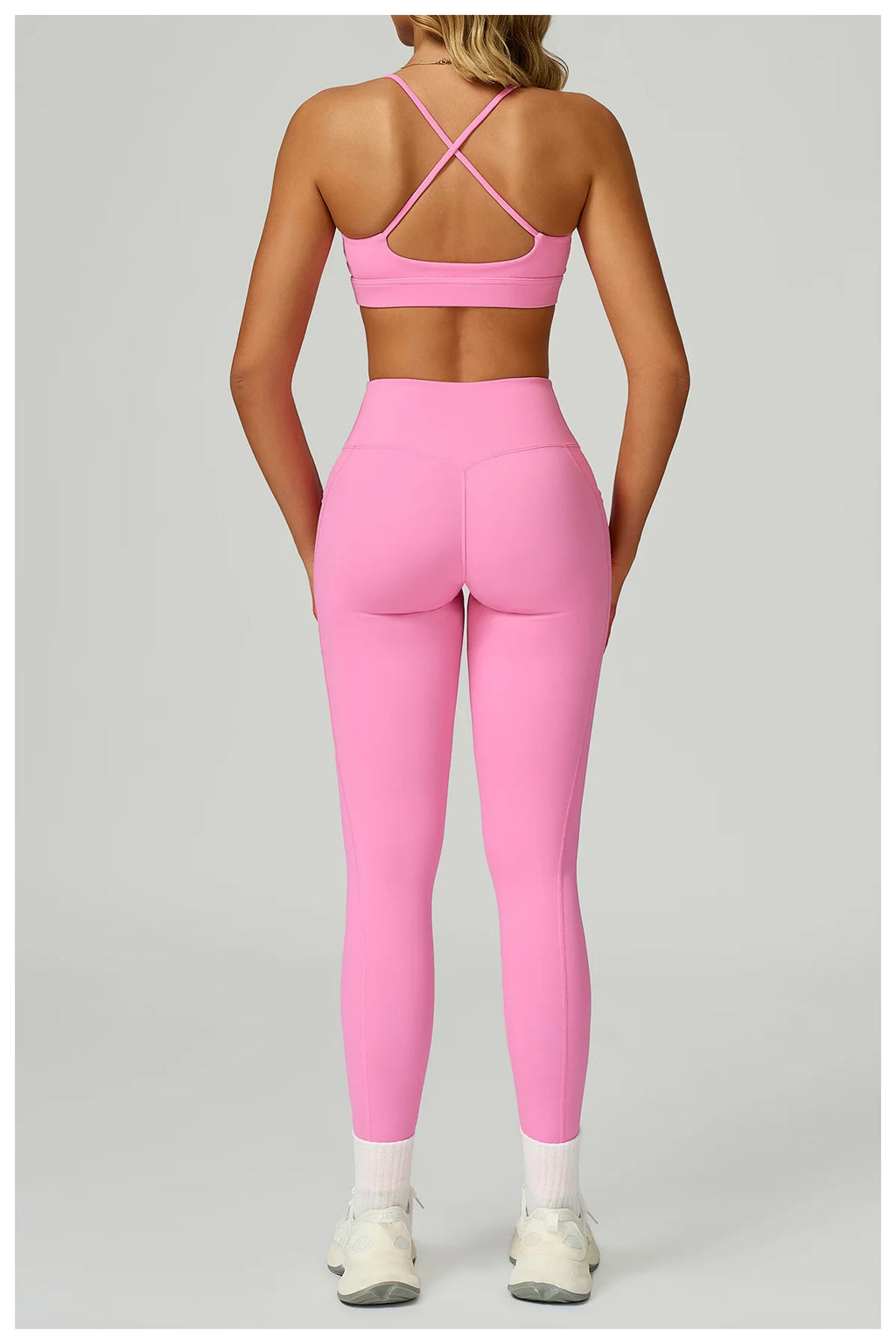 Pink set: X-back sports bra with high-rise pocket leggings, back view