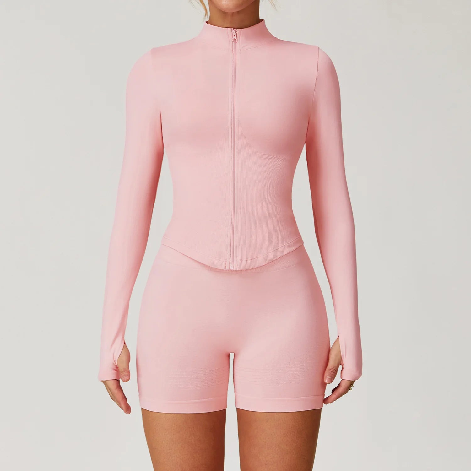 Pink zip-up jacket and matching shorts set