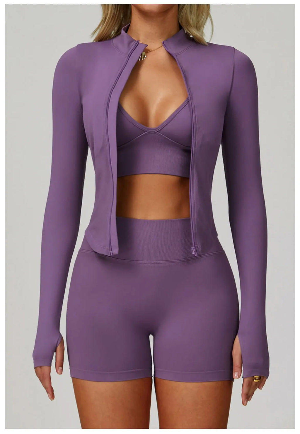 Xooie Fit women's matching activewear set in purple with long sleeves and shorts