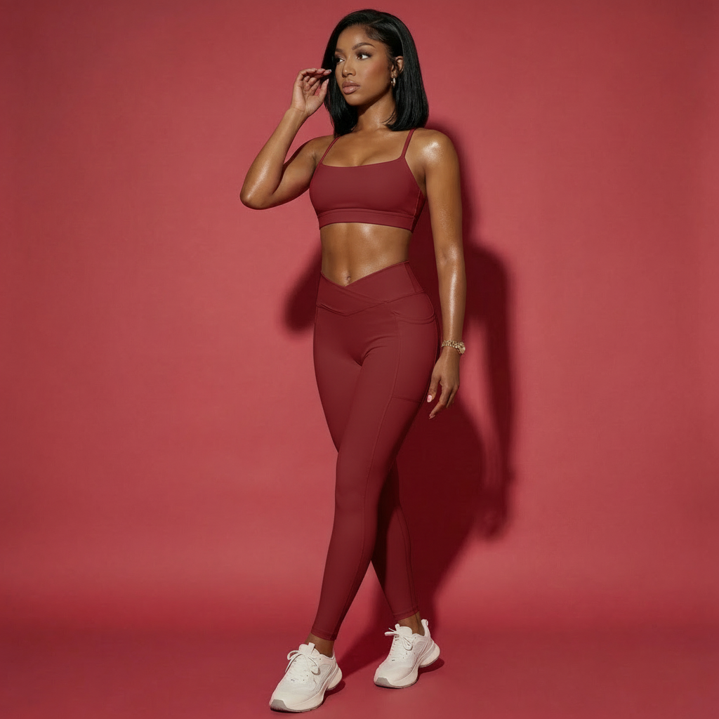 Wine red sports bra and matching leggings set with pockets at waistband