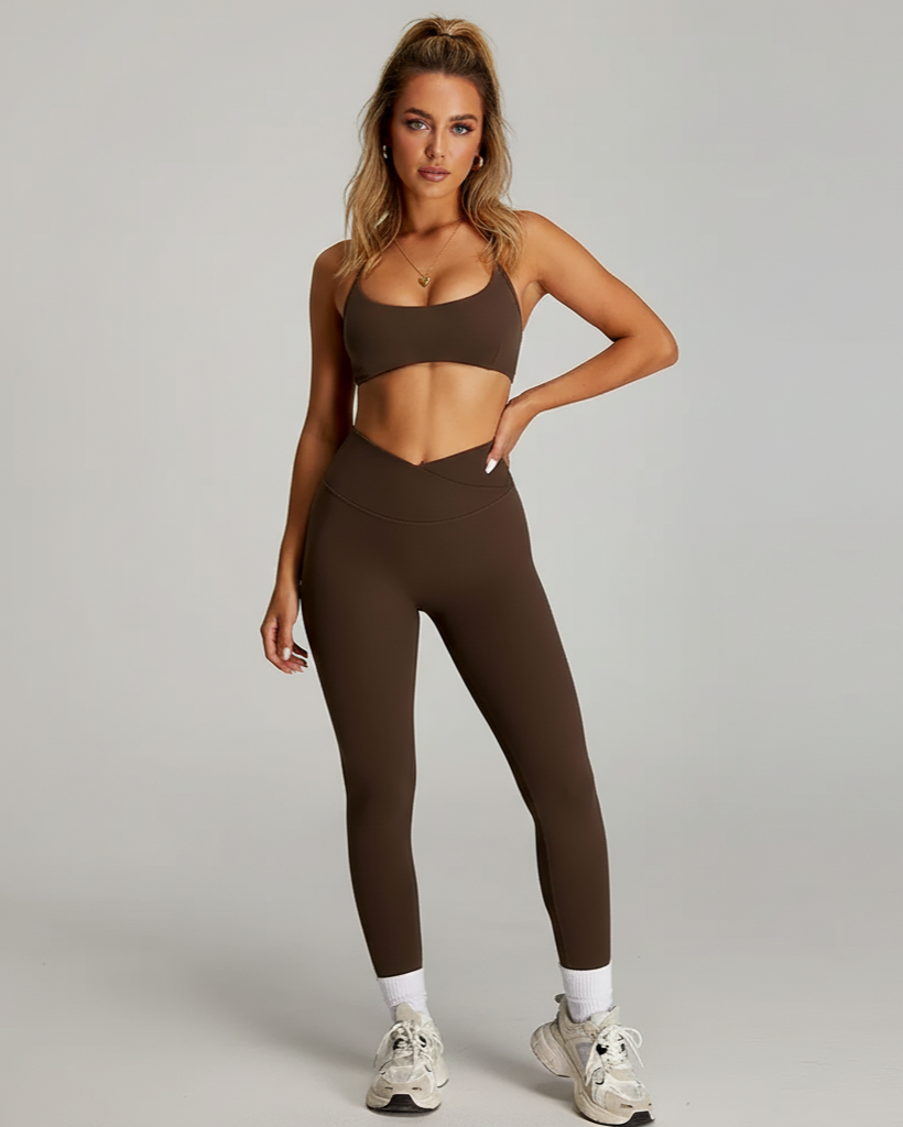 Xooie Fit women's matching workout set featuring a brown sports bra and leggings for stylish exercise