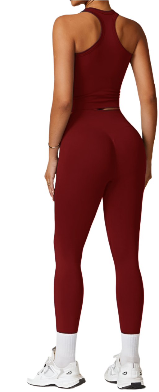 Xooie Fit women's matching workout set in burgundy two-piece with racerback top and high-waisted leggings