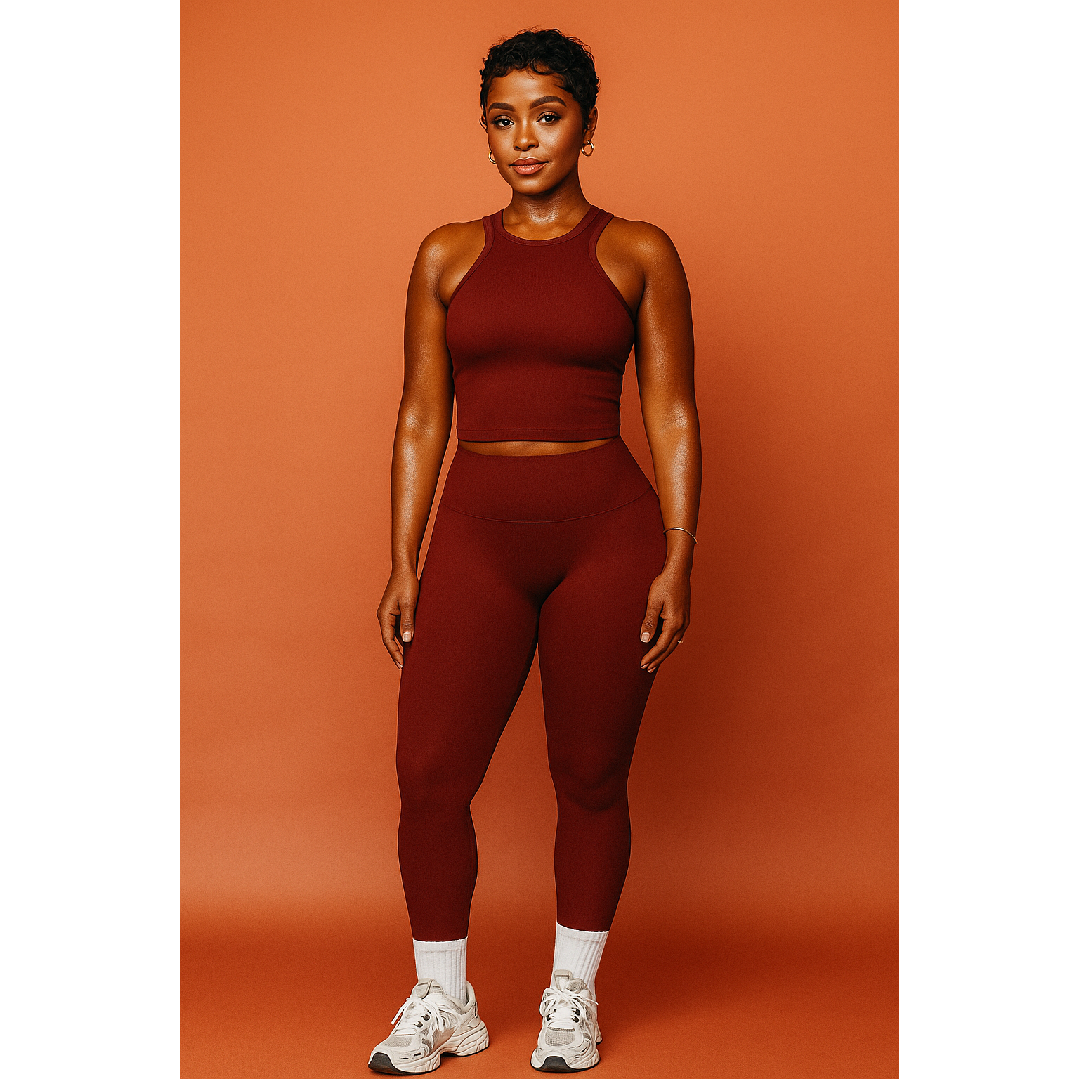 Xooie Fit women's matching workout set in deep red featuring a sleeveless crop top and high-waisted leggings