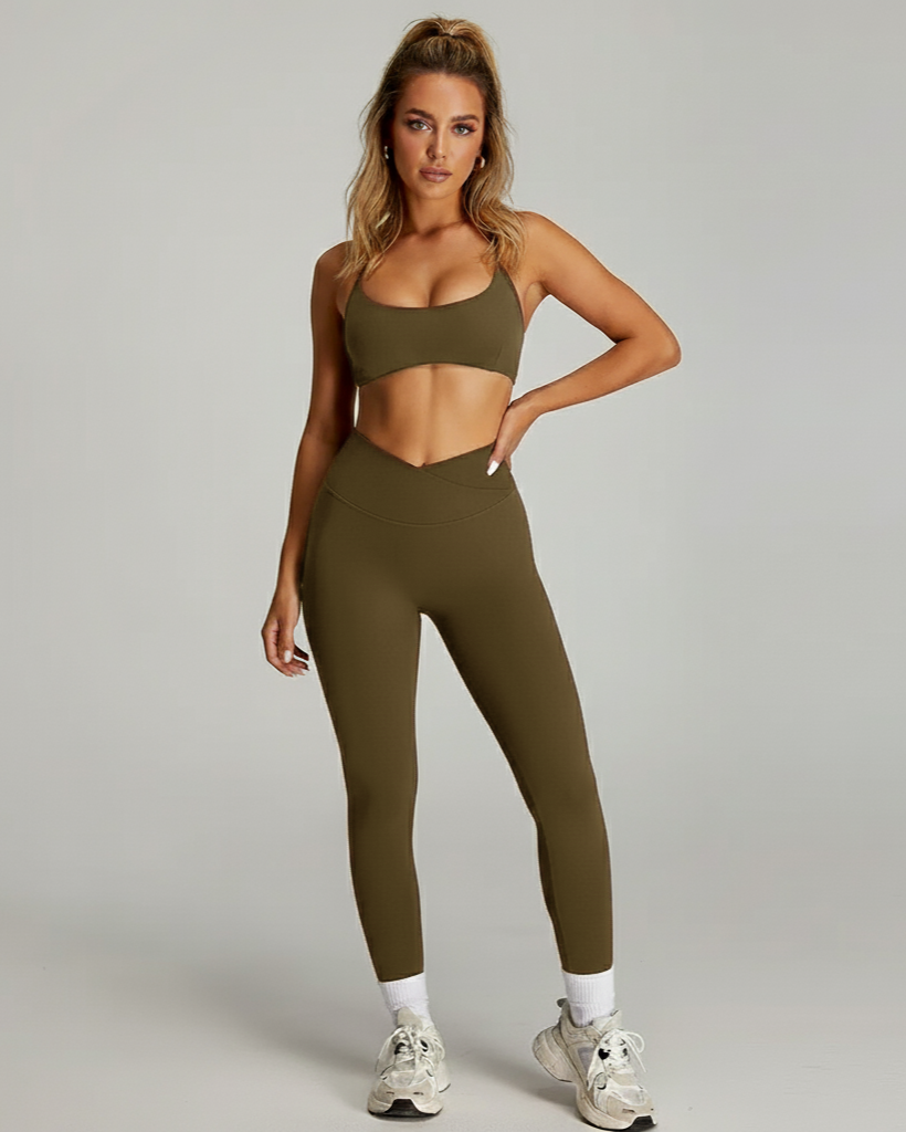 Xooie Fit women's matching workout set in olive green with stylish crop top and high-waisted leggings