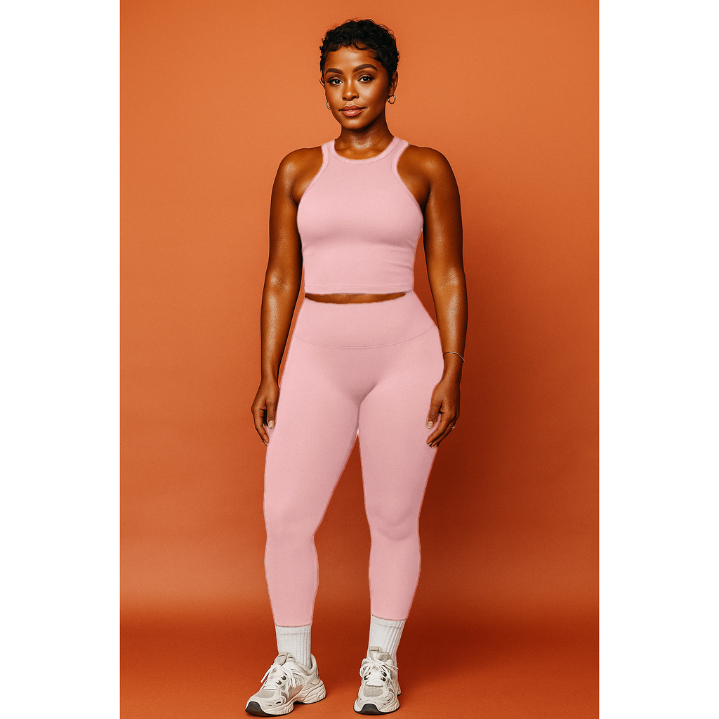 Xooie Fit women's matching workout set in light pink featuring sleeveless crop top and high-waisted leggings