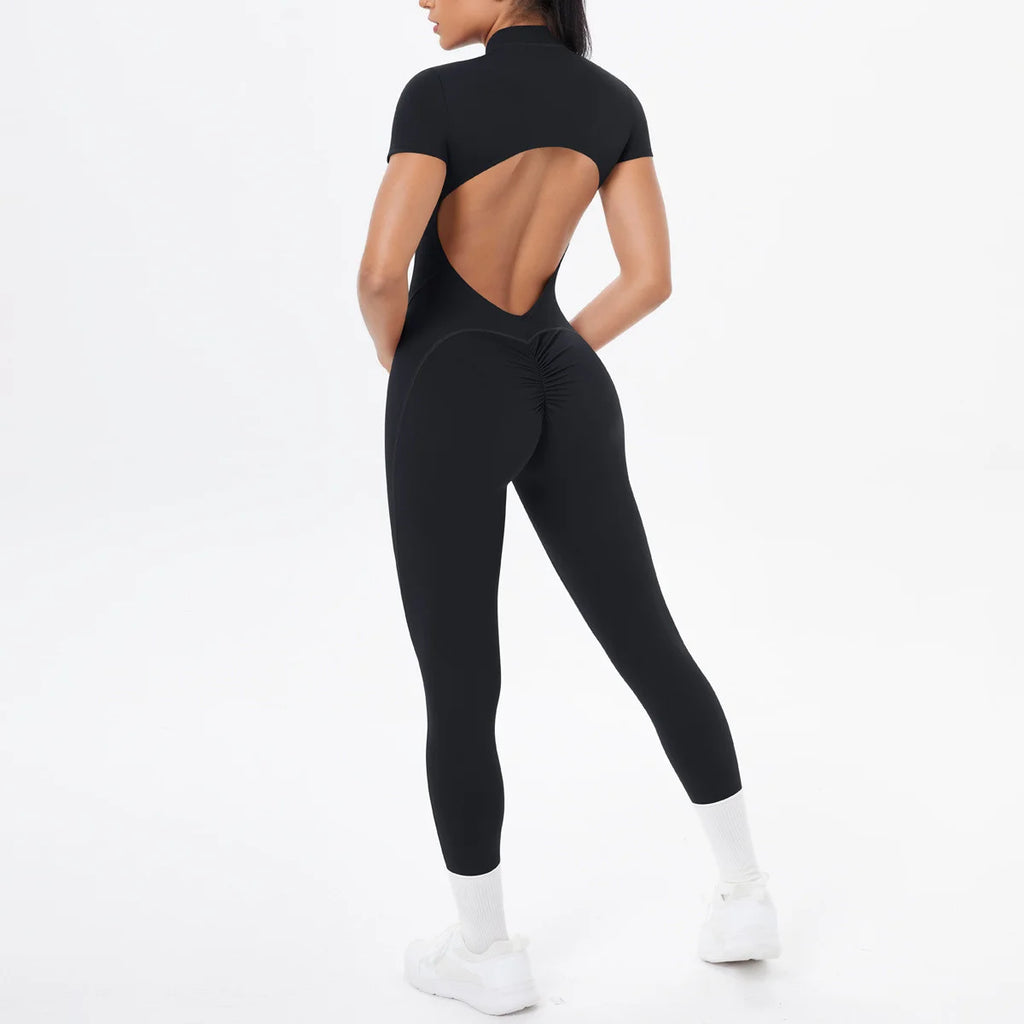 Xooie Fit women's short sleeve jumpsuit activewear in black with stylish back cutout design