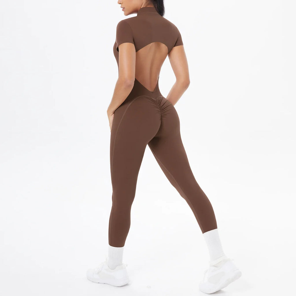 Xooie Fit women's short sleeve jumpsuit activewear in brown with stylish cutout back design