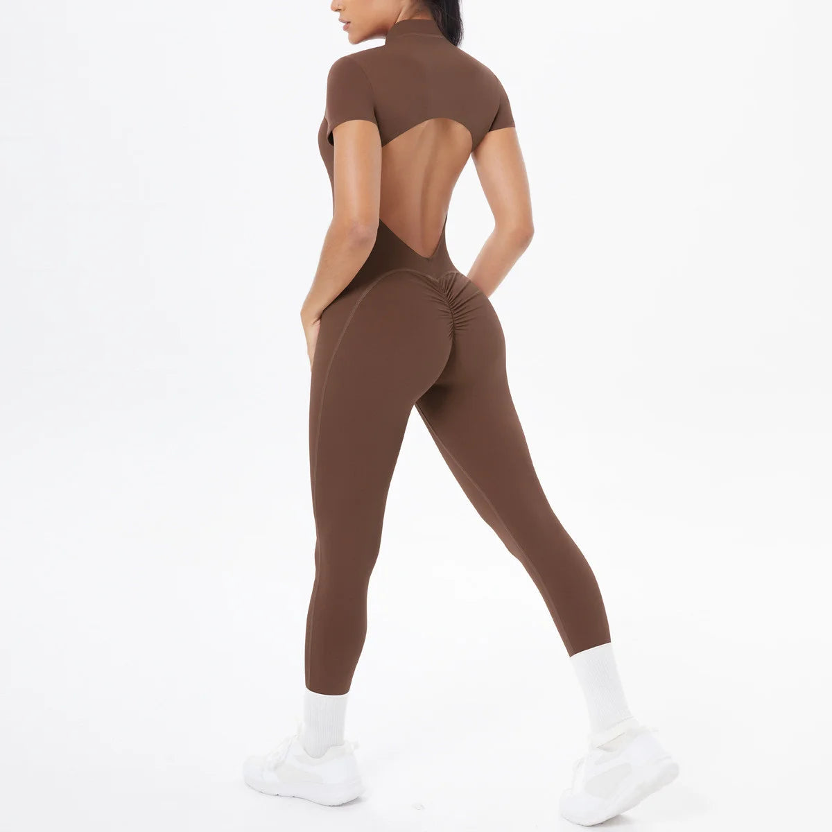 Xooie Fit women's short sleeve jumpsuit activewear in brown with stylish cutout back design