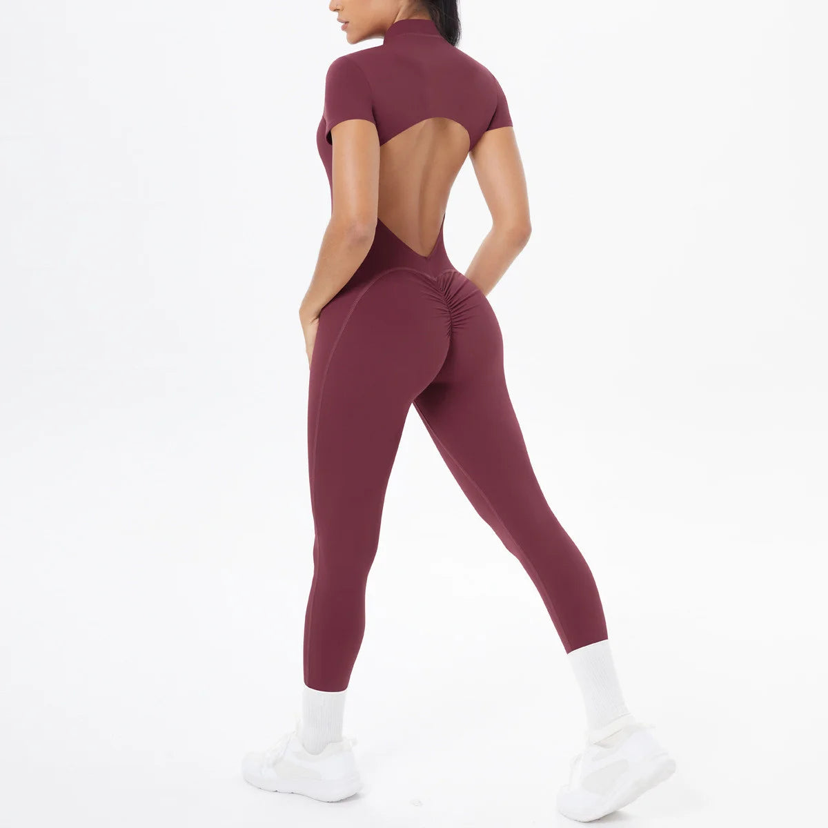 Xooie Fit women's short sleeve jumpsuit activewear in maroon with an open back design for comfort and style