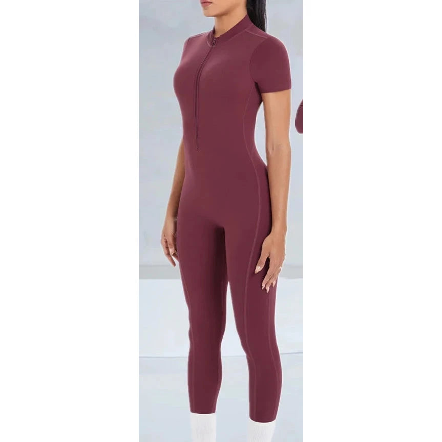Xooie Fit women's short sleeve jumpsuit activewear in burgundy with a sleek, fitted design