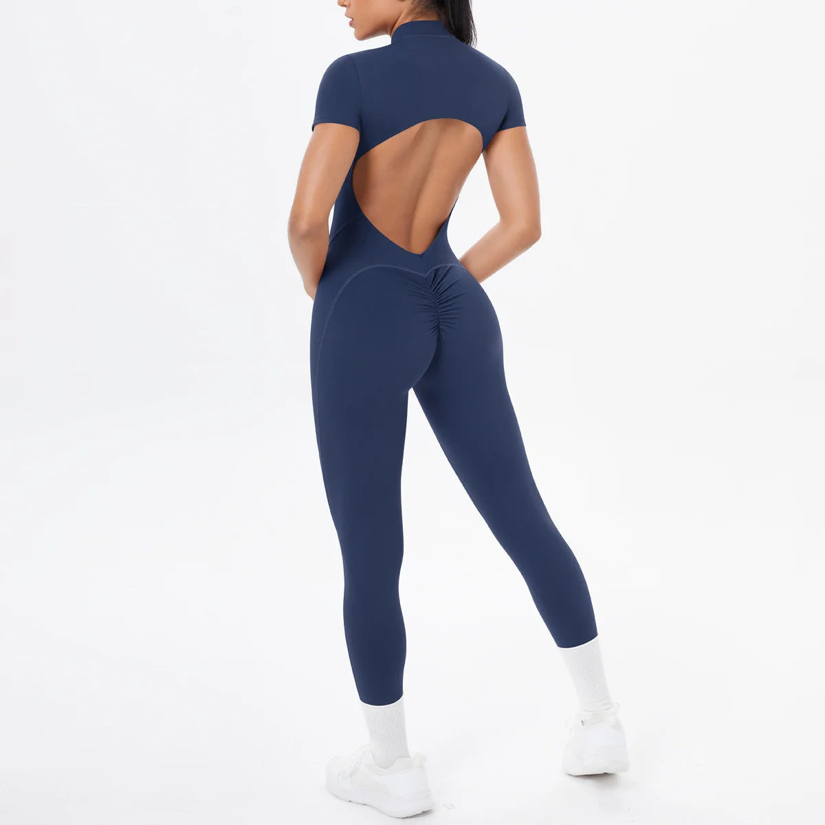 Xooie Fit women's short sleeve jumpsuit activewear in navy with open back design for stylish comfort