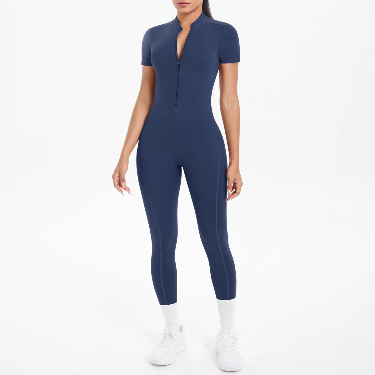Xooie Fit women's short sleeve jumpsuit activewear in navy with a zip front for comfort and style