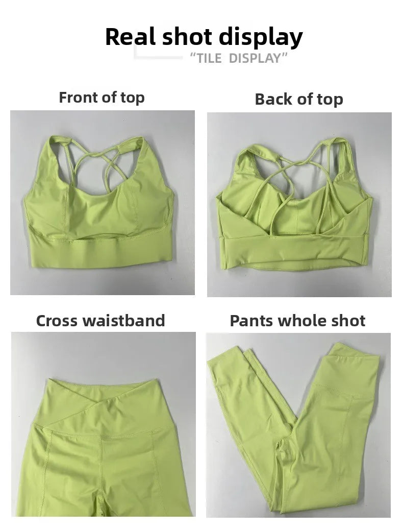 Neon green sports bra with crisscross back and matching leggings, flat lay
