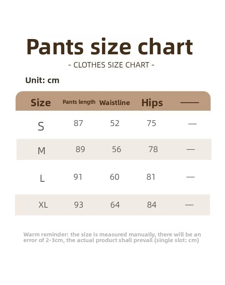 Pants size chart in cm: sizes S–XL with pants length, waistline, hips