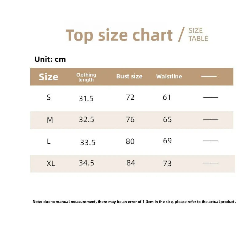 Top size chart in cm: sizes S–XL with clothing length, bust, waistline