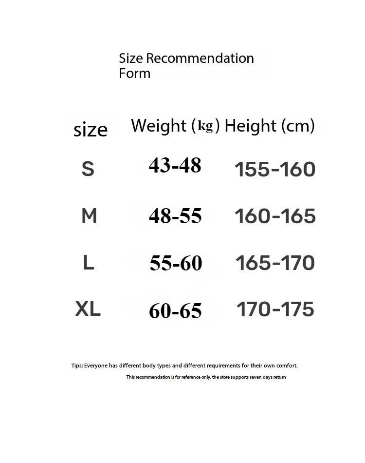 Size recommendation chart: S–XL weight and height ranges