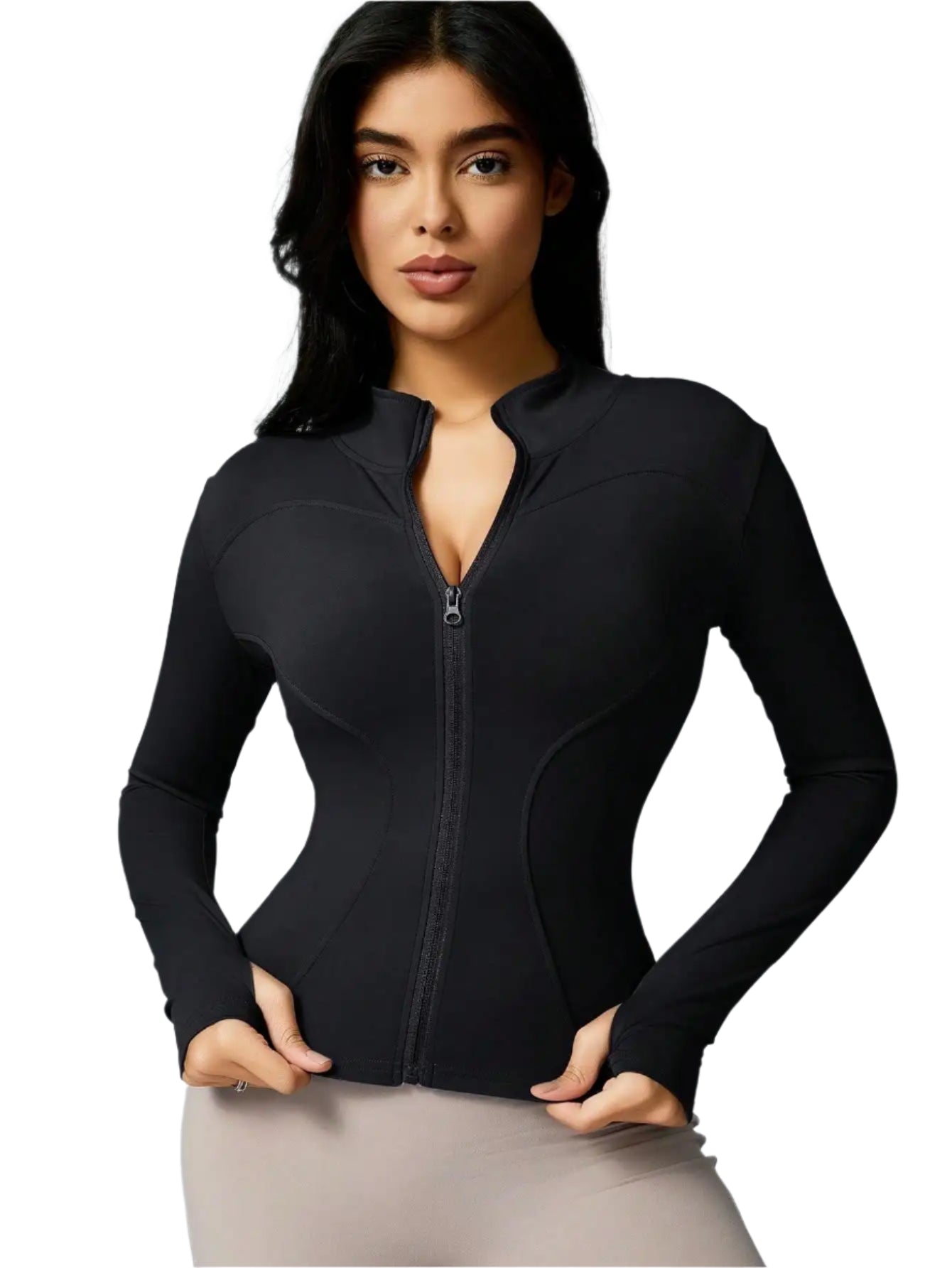 Xooie Fit women's sports jacket zipper in black with a sleek design and form-fitting silhouette