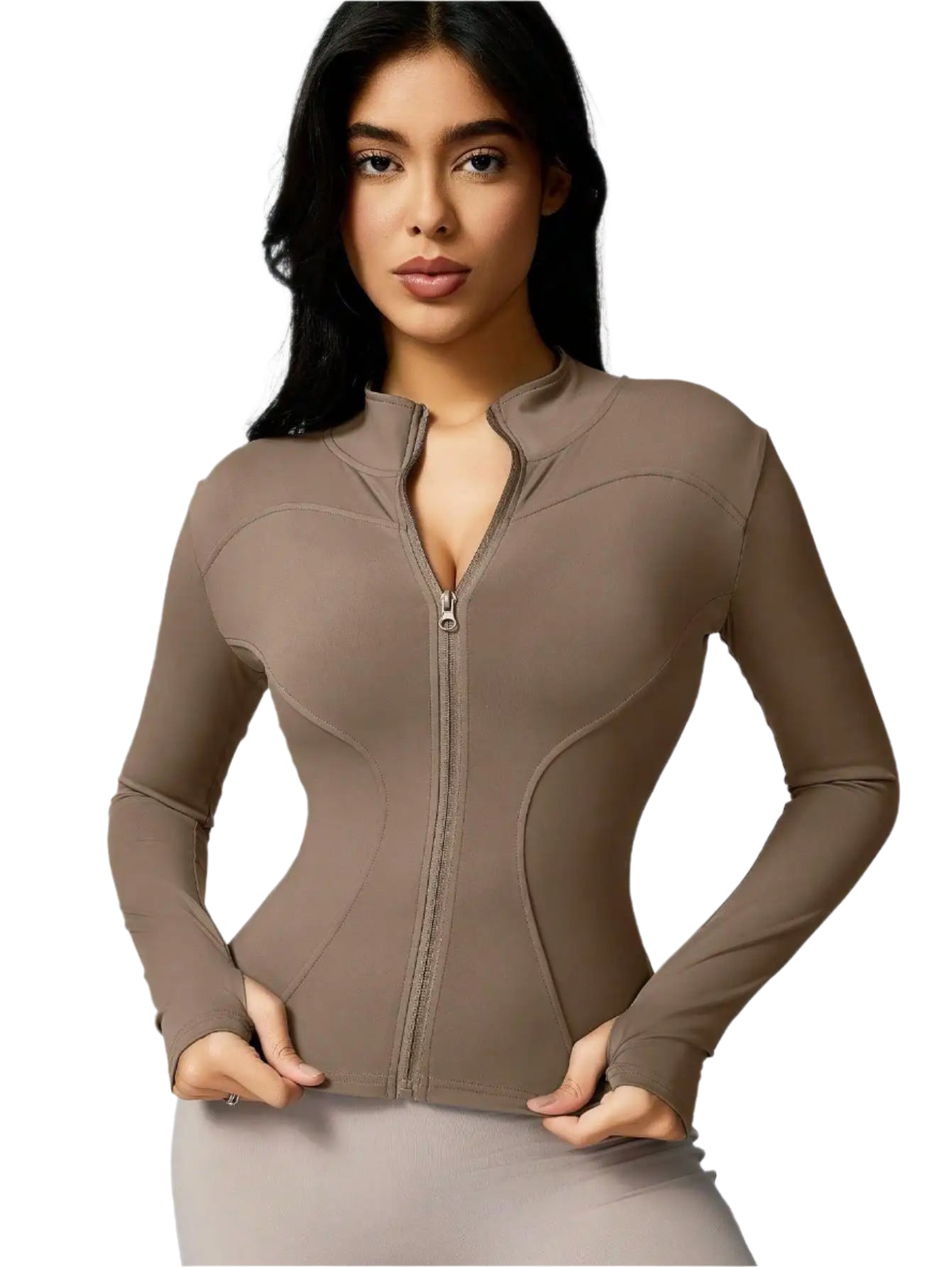 Xooie Fit women's sports jacket zipper in taupe color with a sleek design and fitted silhouette