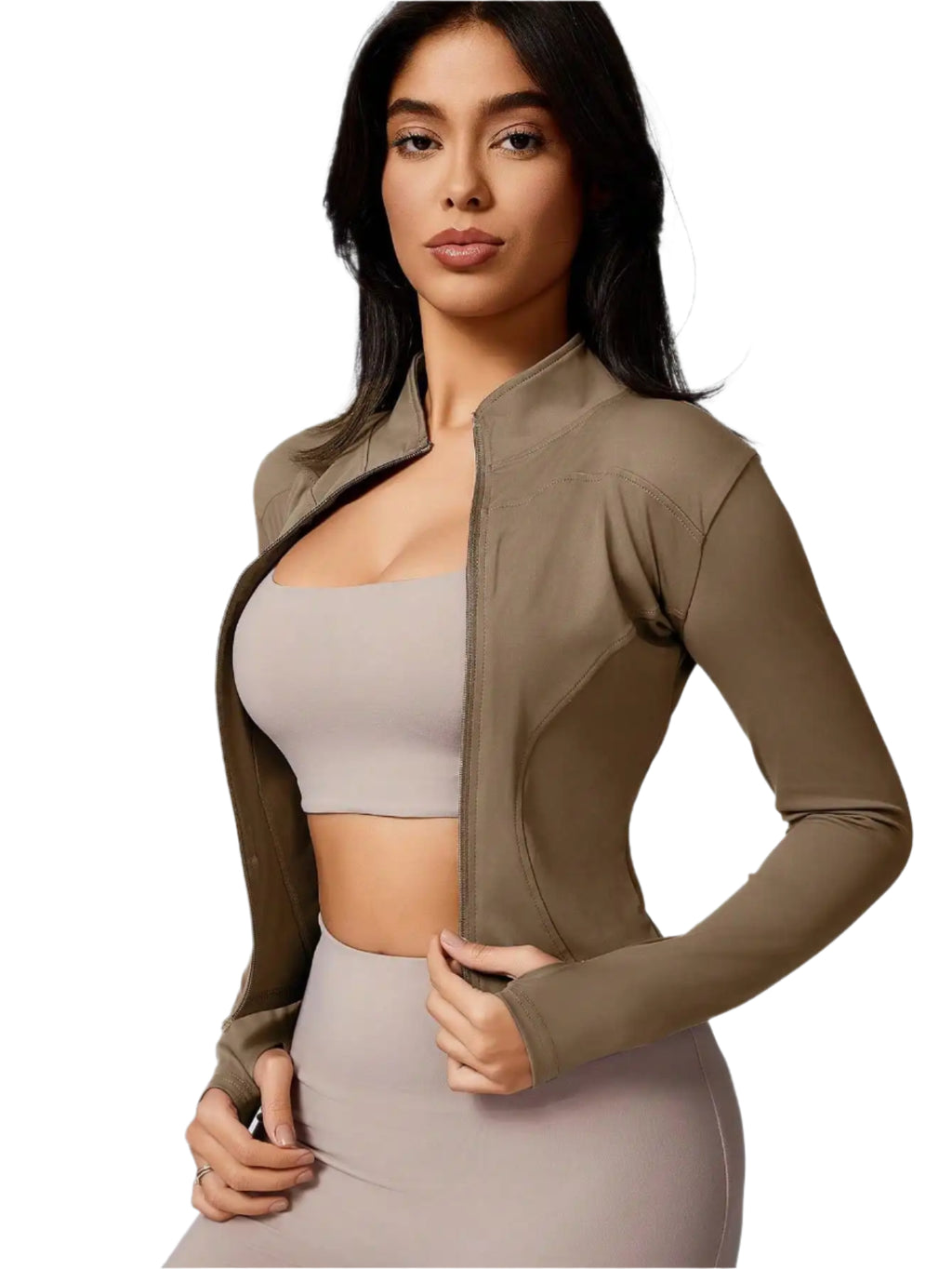 Xooie Fit women's sports jacket zipper in olive green, perfect for workout and casual wear