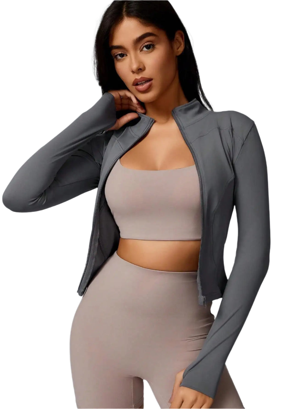 Xooie Fit women's sports jacket zipper in gray, designed for comfort and style during workouts