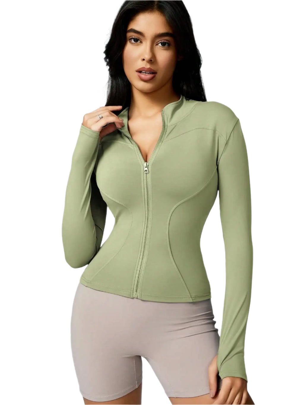Xooie Fit women's sports jacket zipper in olive green with a fitted design and long sleeves