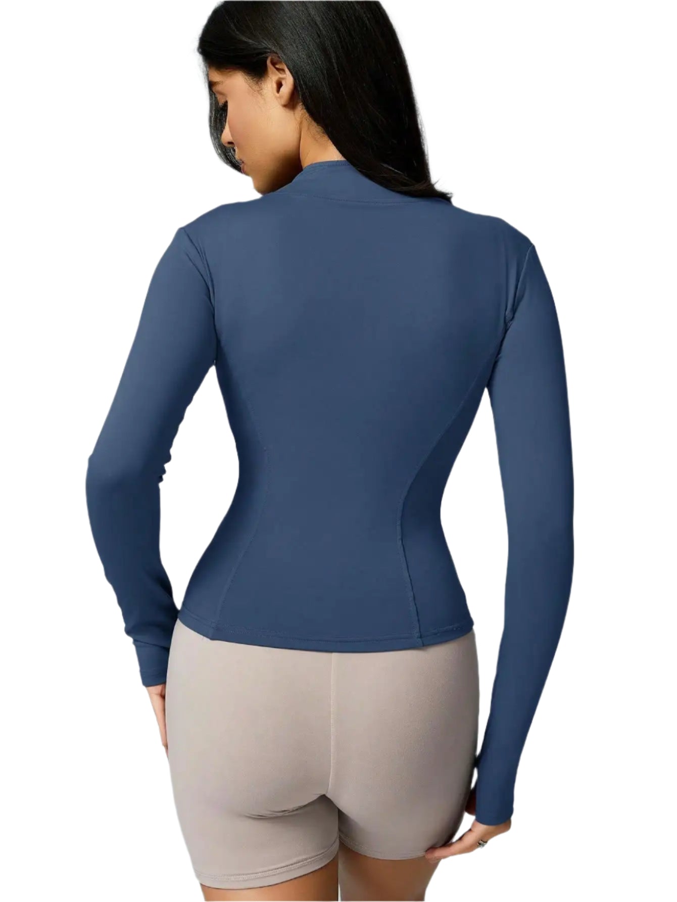 Stylish women's sports jacket zipper in navy blue with a fitted design for active wear