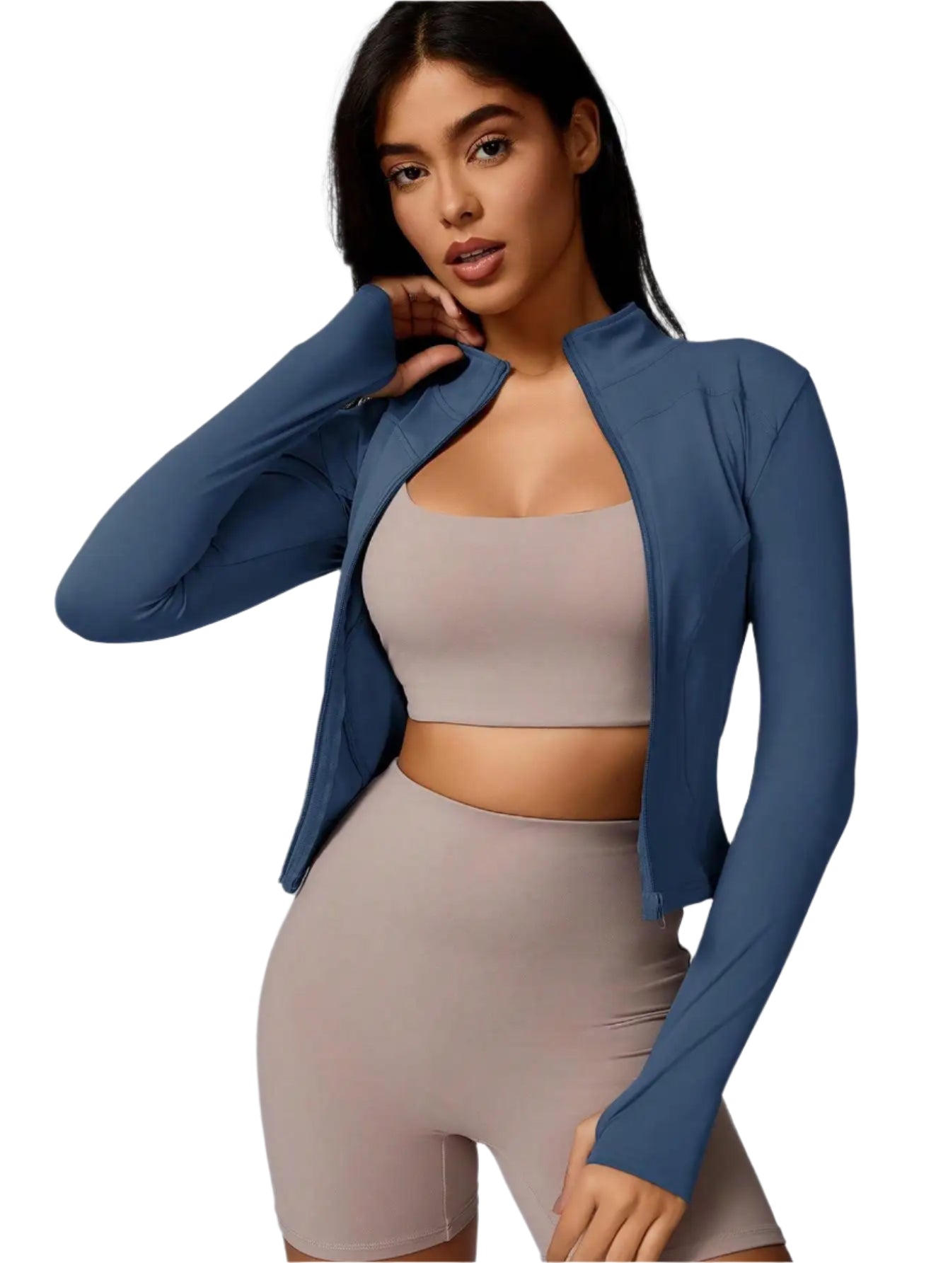 Stylish women's sports jacket zipper in blue, designed for comfort and performance during workouts