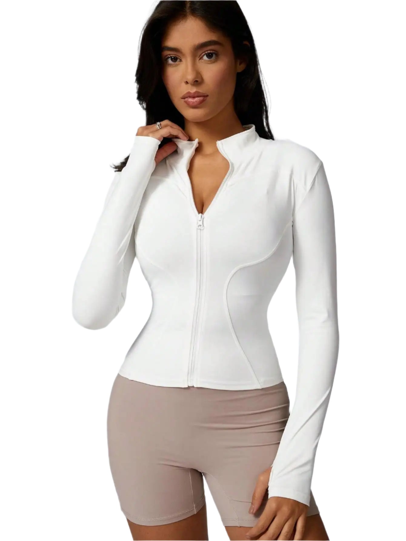 Xooie Fit women's sports jacket zipper in white with a fitted design for activewear