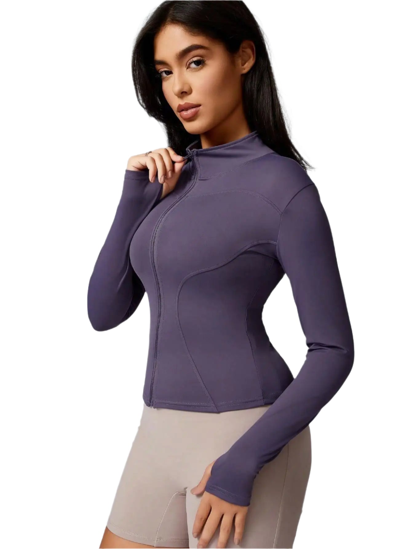 Xooie Fit women's sports jacket zipper in purple with high collar and fitted design