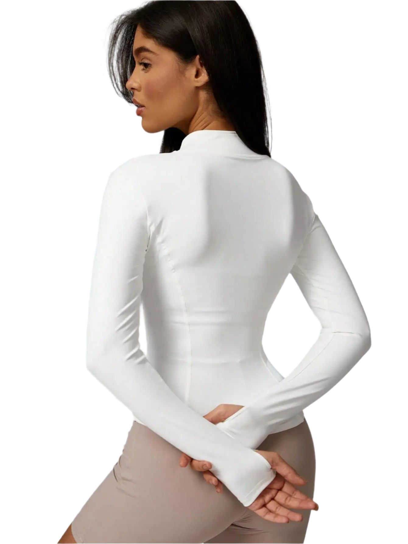 Xooie Fit women's sports jacket zipper in white with long sleeves and a fitted design