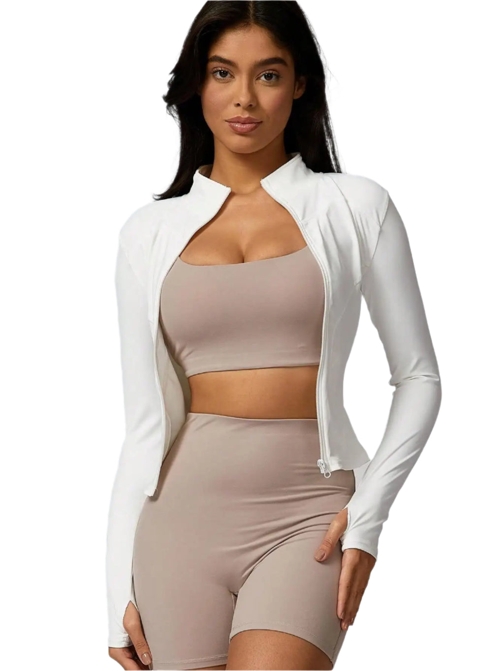 Xooie Fit women's sports jacket zipper in white, perfect for workouts and casual outings.