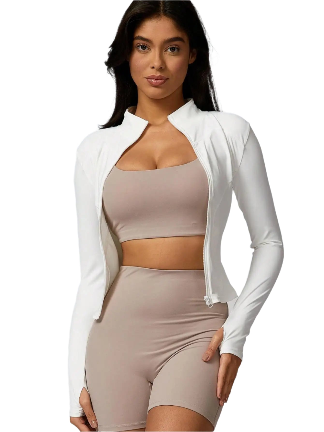 Xooie Fit women's sports jacket zipper in white, perfect for workouts and casual outings.