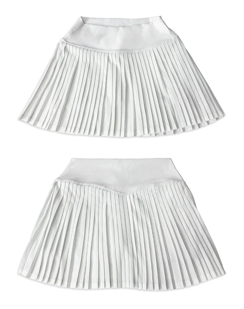 Xooie Fit women's tennis skort with phone pockets featuring a pleated design in white