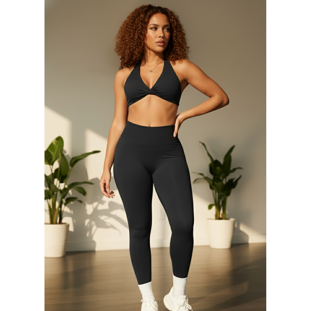 Xooie Fit women's twist bra and high waist leggings set in black for comfortable workouts